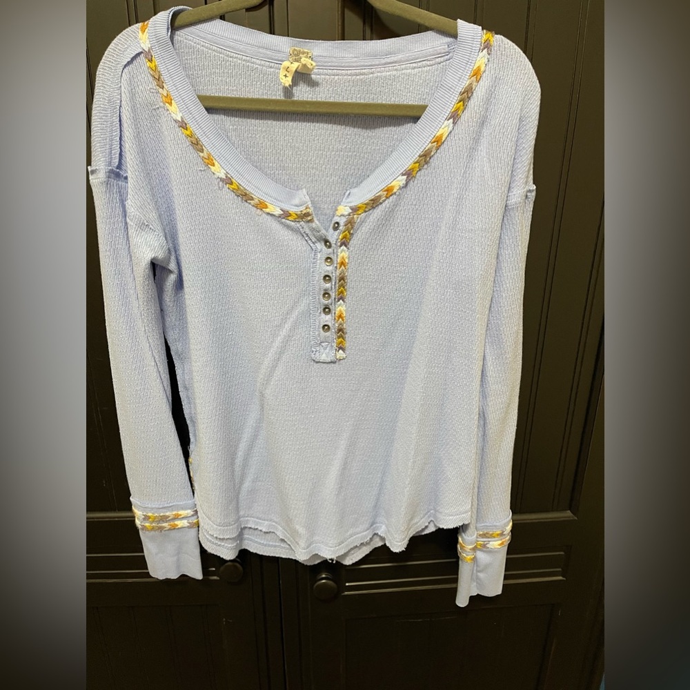 Free People Embroidered Thermal Top Light Blue Rainbow Geometric Color Trim